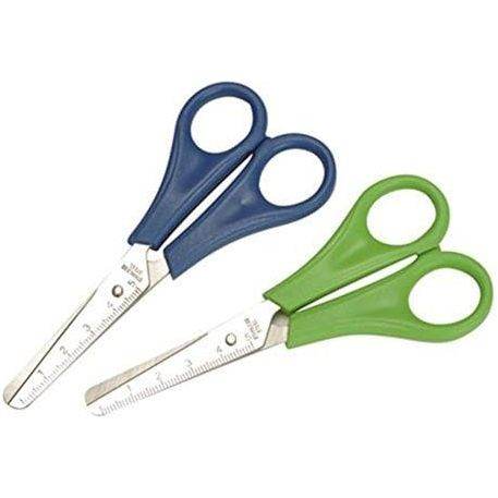 Childrens kids safety scissors 5 inch with blue and green handles.