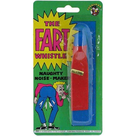 Fart Whistle packaging with colorful design, naughty noise maker. Great stocking filler.