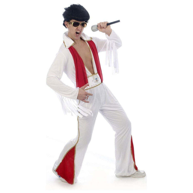 50's Rockstar Flares Costume with white jumpsuit, red details, and accessories.