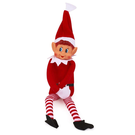 Elf on a Shelf doll wearing red and white festive clothing.