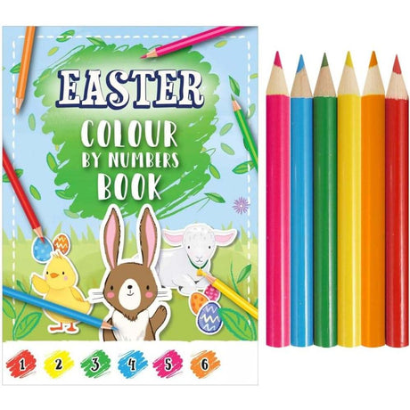Easter Colour by Numbers mini book with pencils set featuring Easter-themed illustrations.