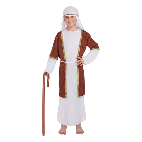Children's white and brown shepherd costume for ages 7-9, featuring a white tunic with brown sleeves, rope belt, and headpiece.