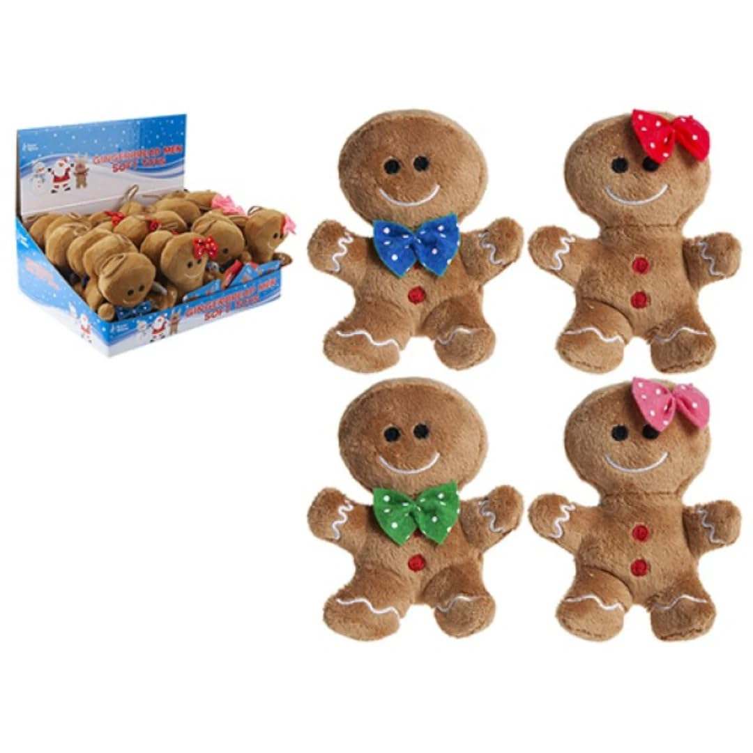 10cm plush gingerbread man soft toy with red bow, Christmas decoration.