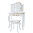 White and gold dressing table vanity set with LED lights and polka dot design.