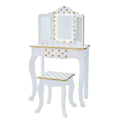 White and gold dressing table vanity set with LED lights and polka dot design.
