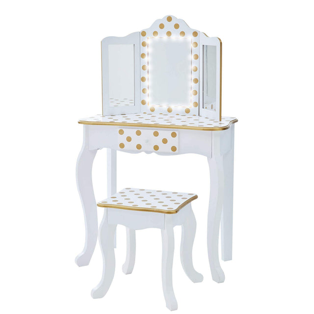 White and gold dressing table vanity set with LED lights and polka dot design.