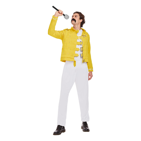 Adult men's yellow rock legend jacket costume inspired by 80s rock star, featuring six metal buckles, ideal for themed events.