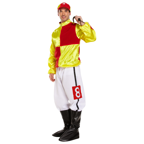 Adult men’s red and yellow horse jockey outfit with peaked hat and boot covers.