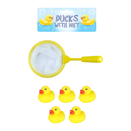 Mini Ducks with Net bath time play set featuring five yellow rubber ducks and a small handheld net.