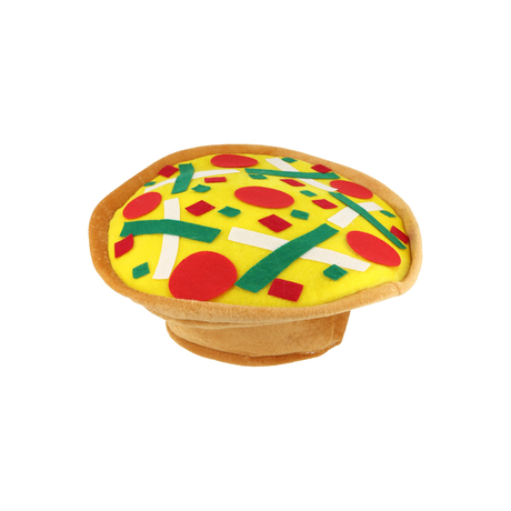 Adult novelty pizza hat with colorful toppings on a plush base, ideal for fancy dress and sporting events.