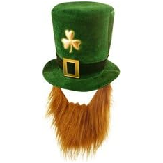 Adult Deluxe Green Leprechaun Top Hat with Ginger Beard St Patrick's Day Wholesale