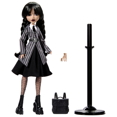 Monster High Doll in Nevermore Academy uniform with accessories, including Thing, backpack, and stand.