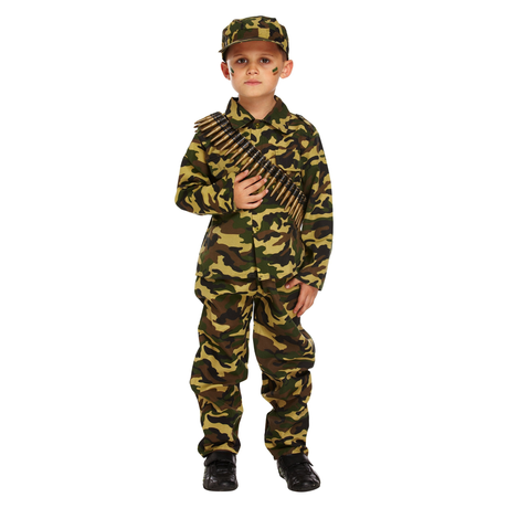Children’s Army Boy soldier costume, camouflage shirt, trousers, and hat, Halloween fancy dress for ages 7-9.