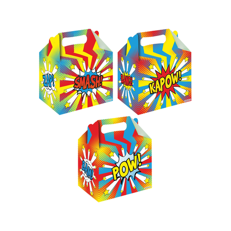 Henbrandt Superhero Comic Action Words Party Boxes, colorful designs with 'ZAP', 'POW', 'SMASH', perfect for gifts and treats.