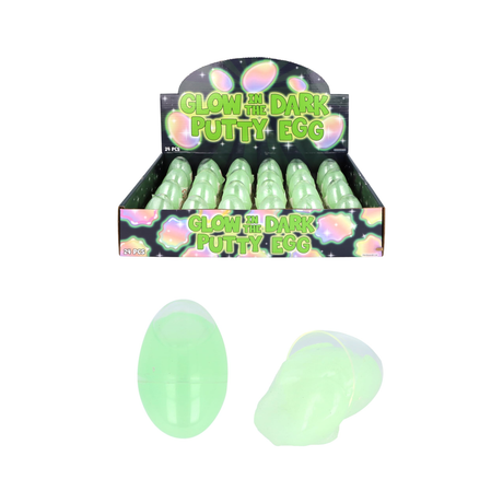 Glow in the dark egg-shaped putty containers with display box.
