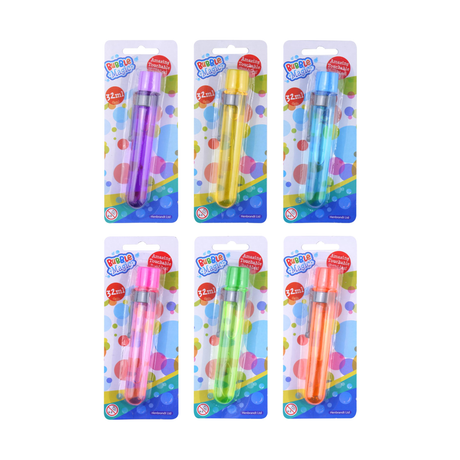 Touchable Bubble Test Tubes in 6 assorted colors, 32ml each, perfect for kids' parties and play.