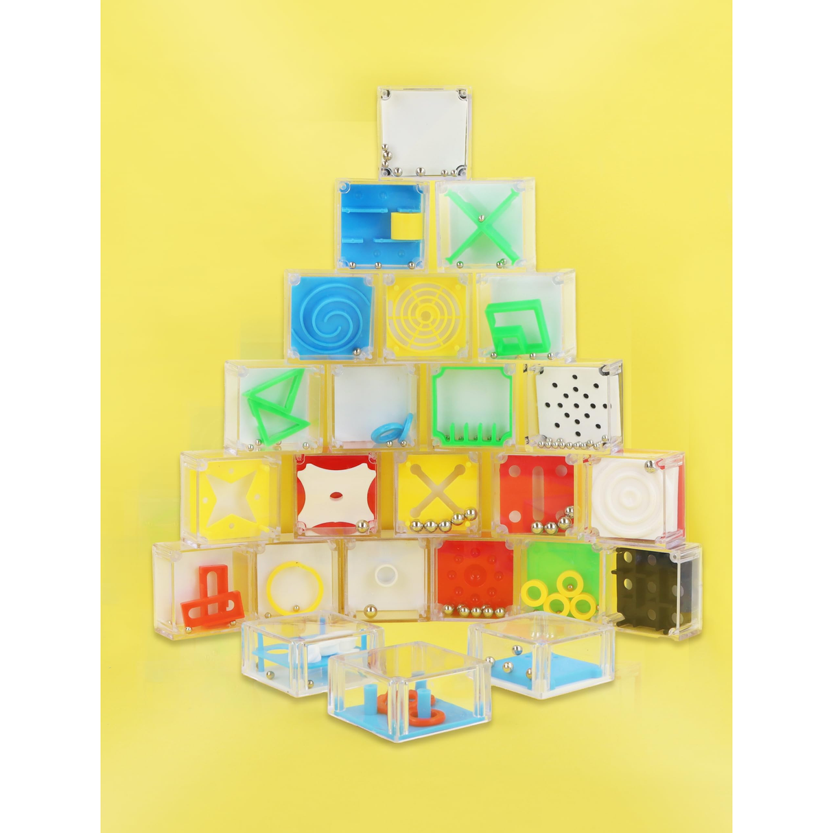 Colorful single maze puzzle blocks with various designs stacked against a yellow background, ideal for brain teasers and party favors.