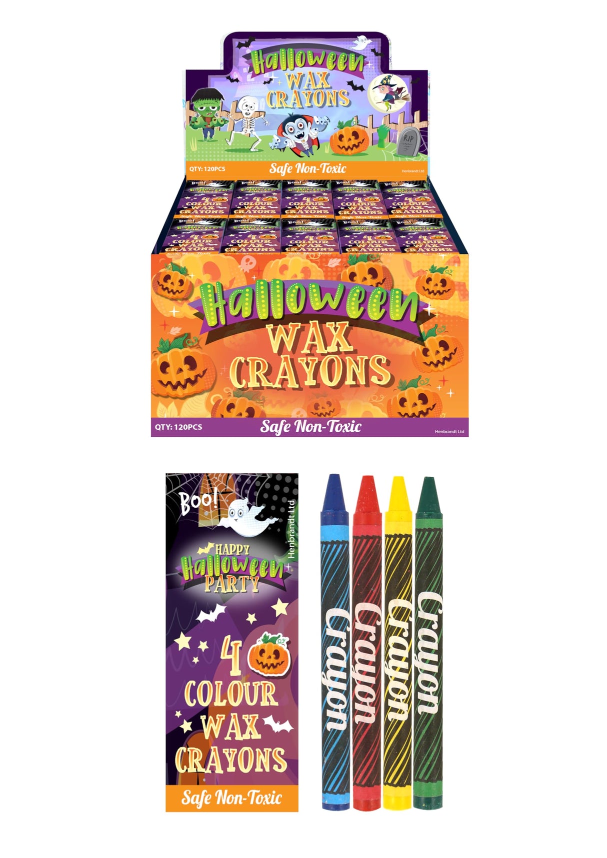 HENBRANDT 120 x Halloween Mini Wax Crayon Packs - 4 Vibrant Colours Green Yellow Red Blue Safe Non-Toxic Kids Drawing Craft Gift School Party Favours Bulk Pack Perfect for Trick or Treat