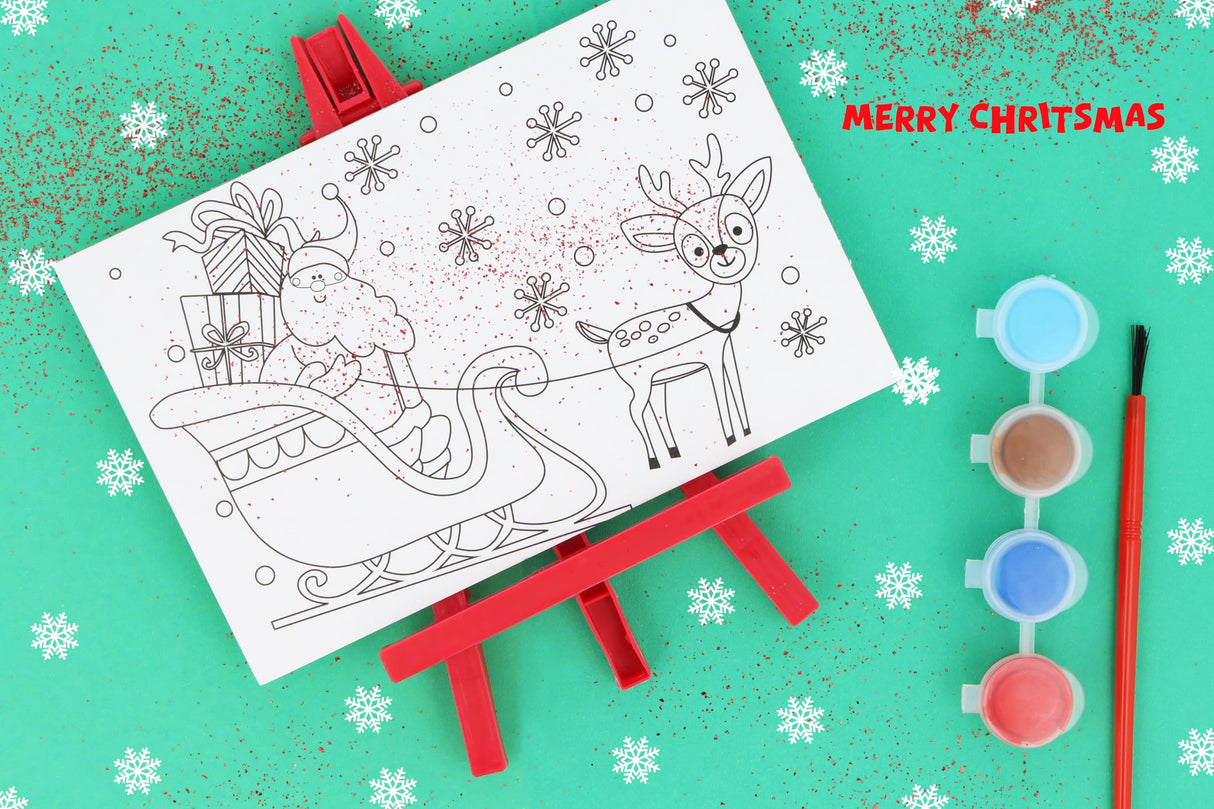 Christmas Mini Painting Party Favour Sets with Plastic Easel and Canvas Colouring Card Craft Activity Kit for Kids 2 Designs Xmas Party Supplies for Boys and Girls