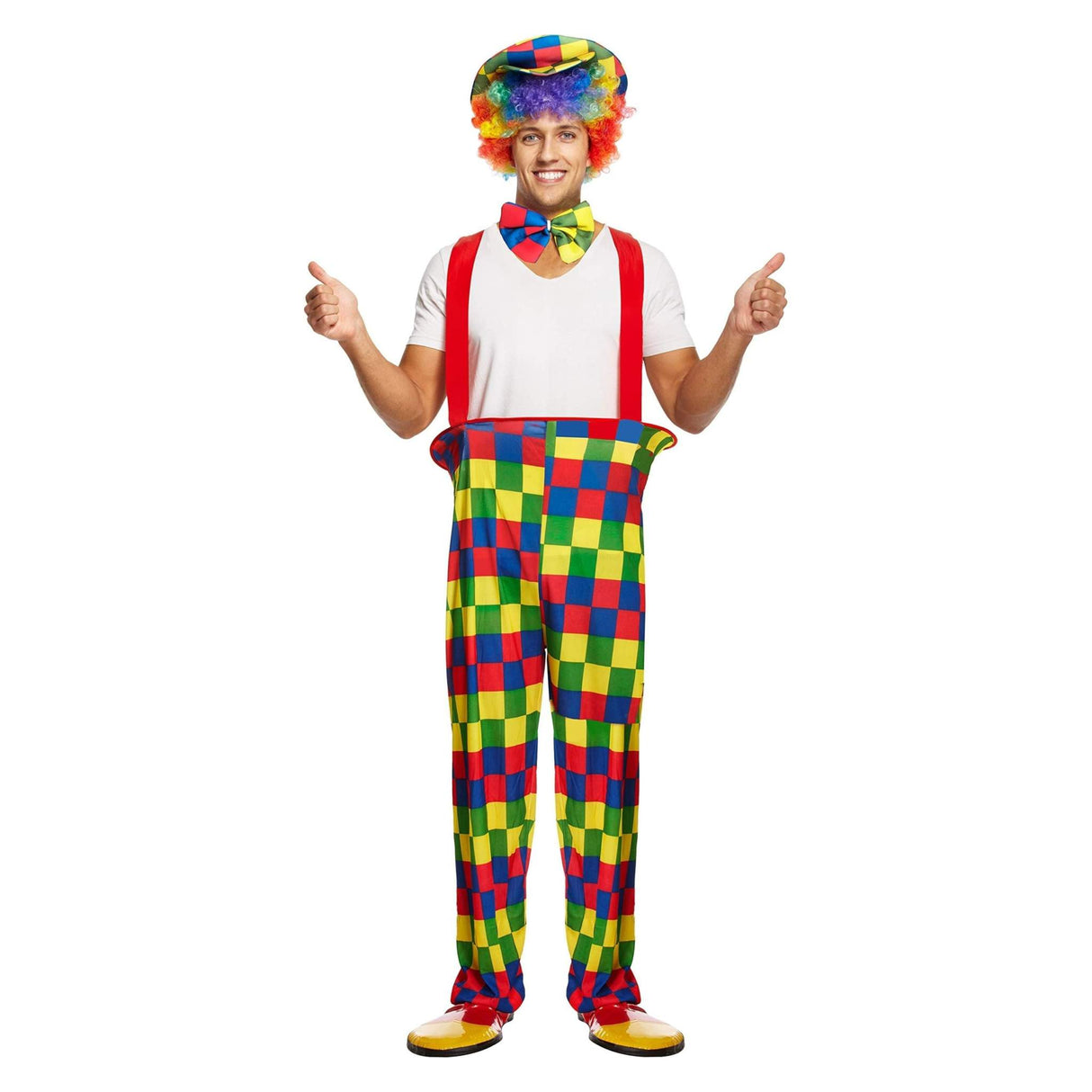 Adult men's rainbow clown costume with hat, bow tie, and hooped pants in bright harlequin pattern.