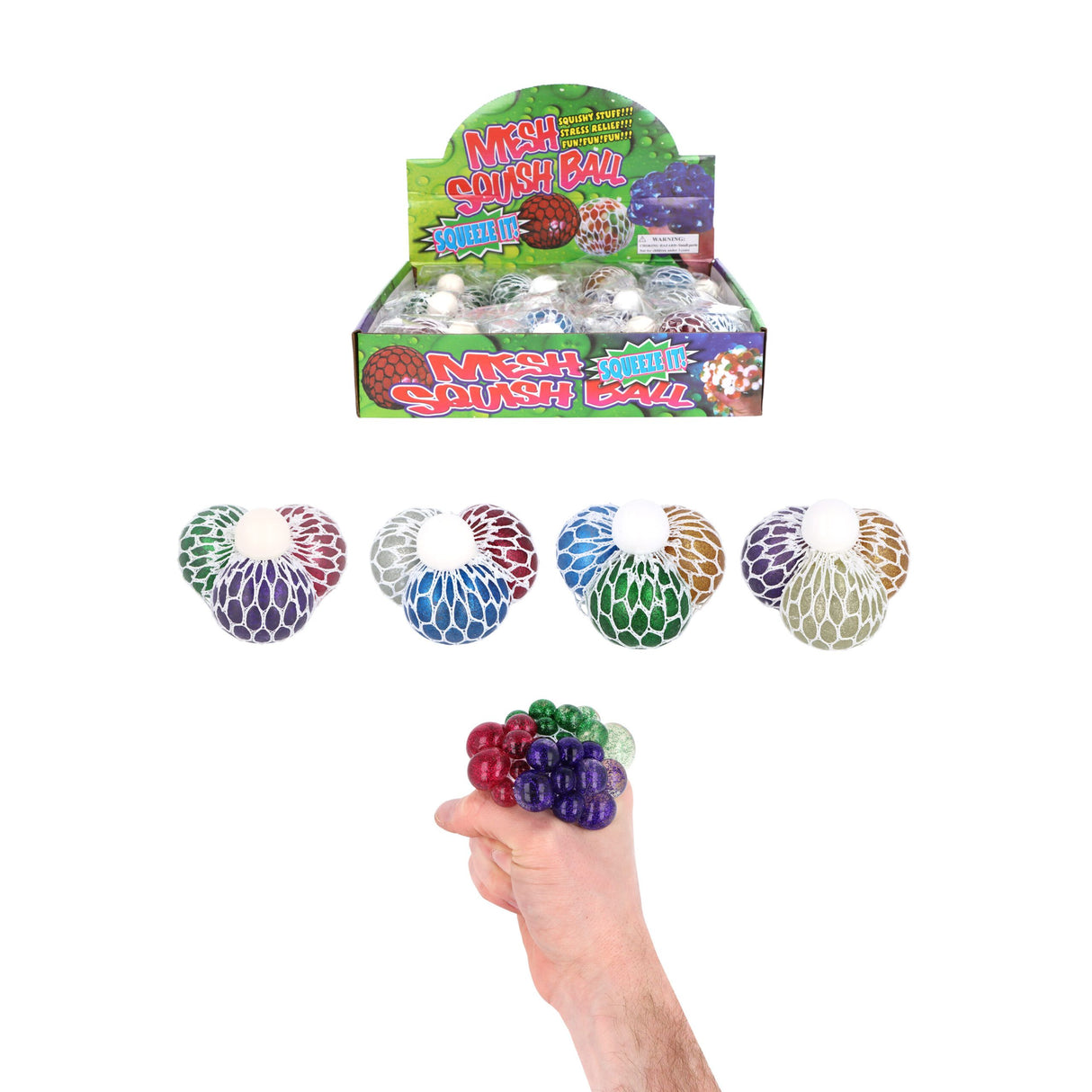 3-in-1 Glitter Squeeze Ball in Mesh (6.5cm) Quantities of 12 Wholesale