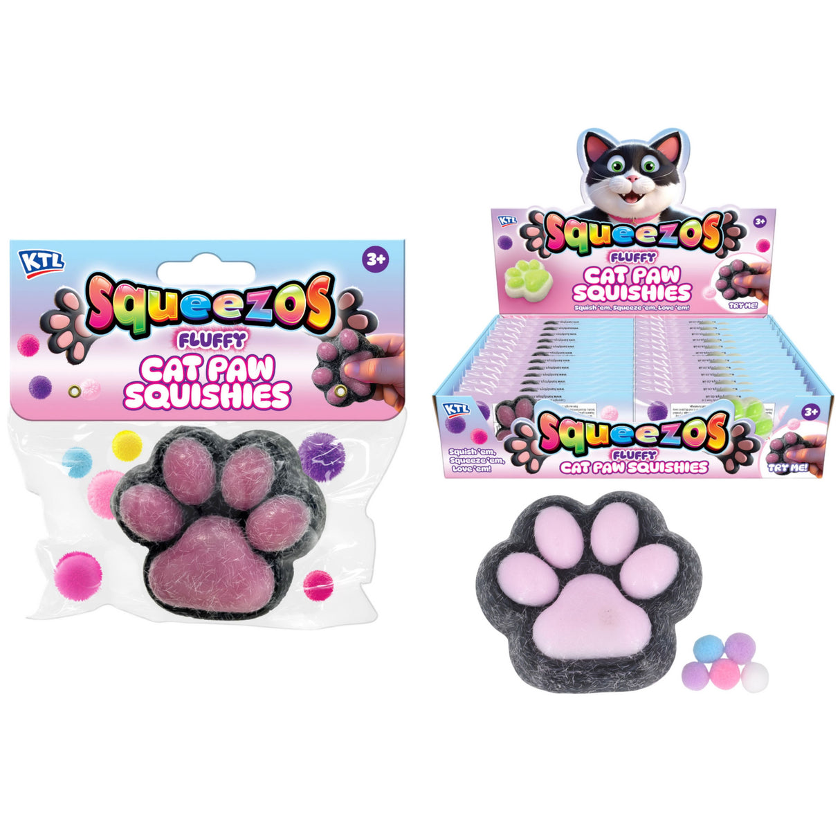 Squishy Fluffy Cats Paw With Bobbles - Bag/Header Quantities of 24 Wholesale