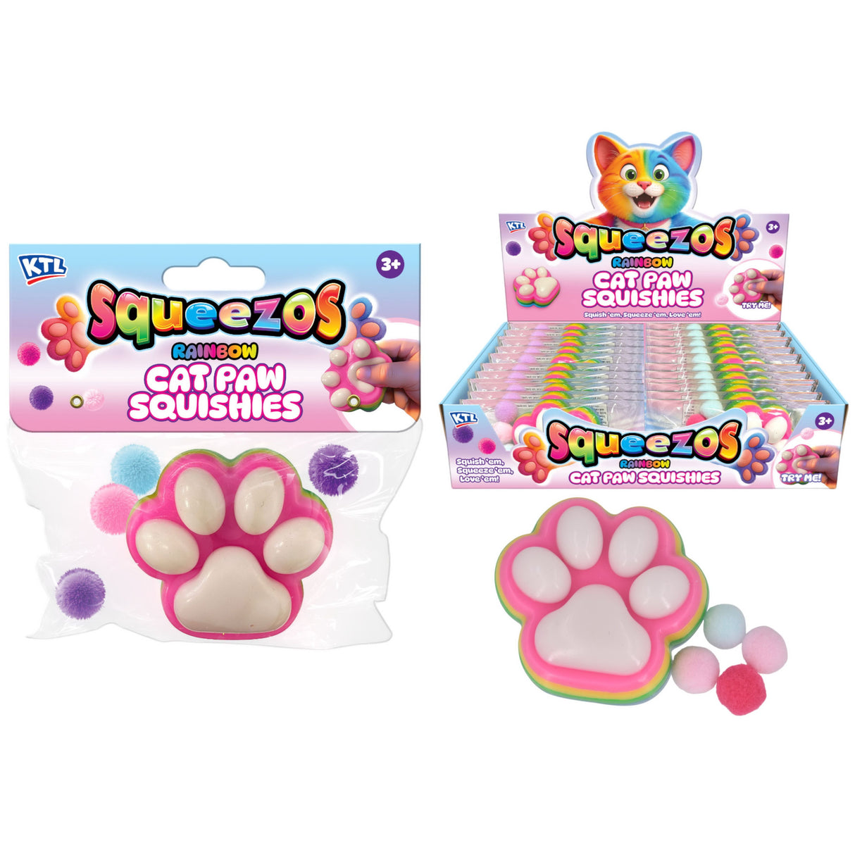 Squishy Rainbow Cat Paw With Bobbles Quantities of 16 Wholesale
