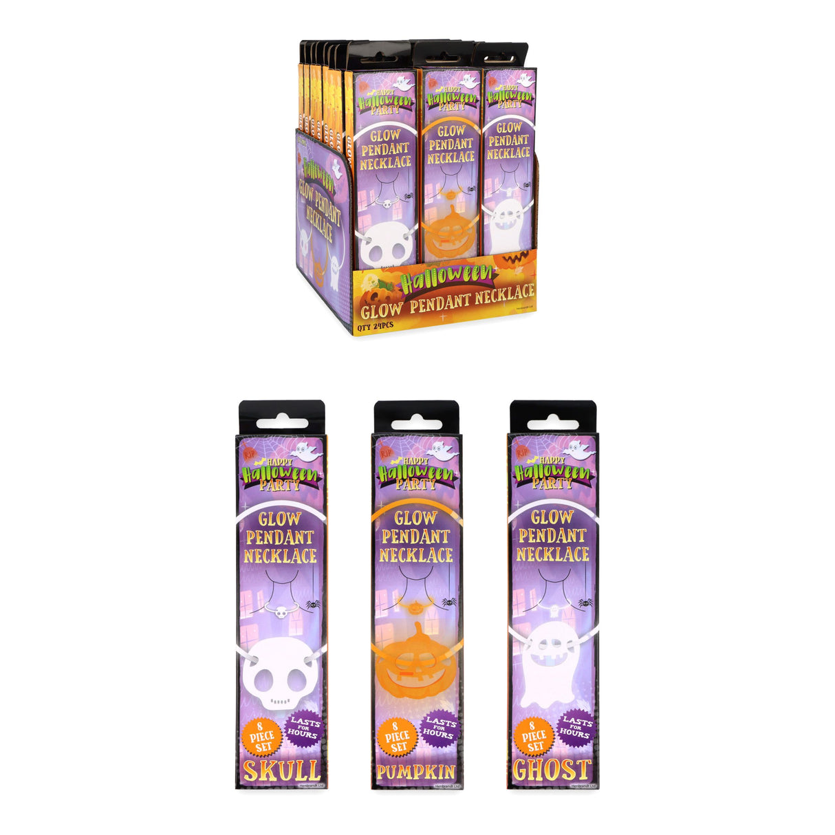 Glow in the Dark Halloween Necklace 8-Piece Set (20cm) Quantities of 24 Wholesale