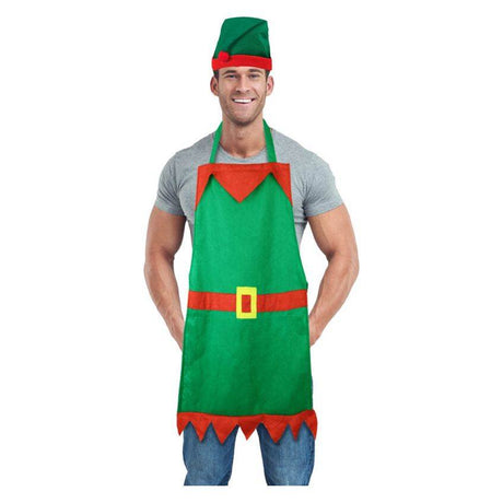 Christmas Elf Apron with festive Elf Hat for holiday cooking.