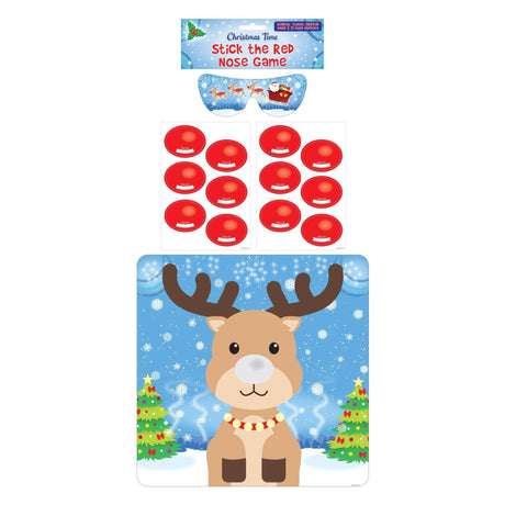 Stick the Red Nose on the Reindeer game set with poster, mask, and 12 nose stickers for Christmas parties.
