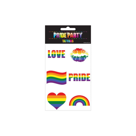 Pride themed temporary tattoos sheet with colorful designs, 6 pieces per sheet.