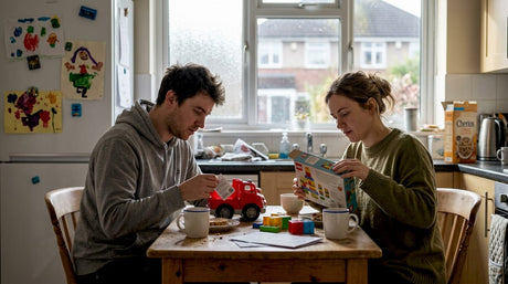 Young parents checking toy safety labels