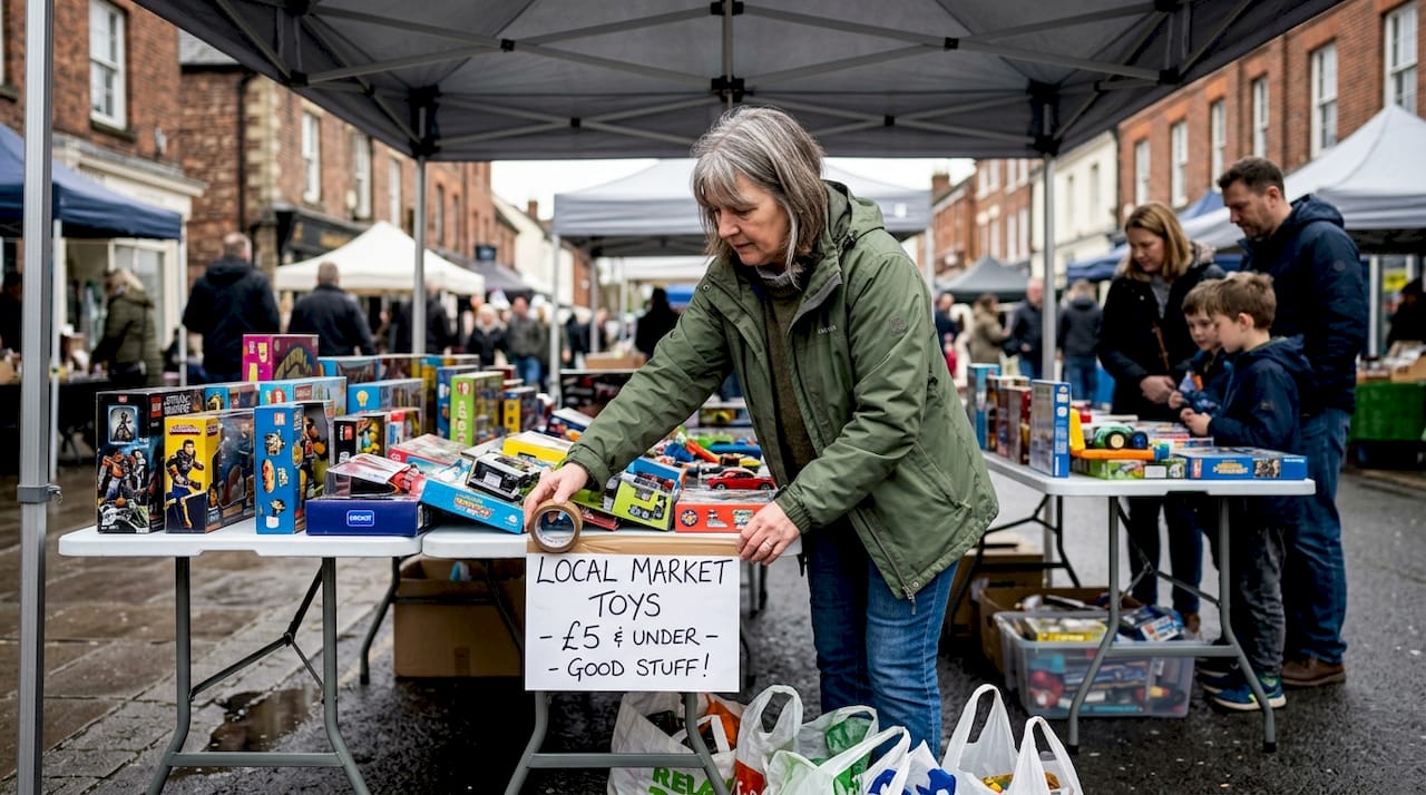 Vendor arranging toys at open-air UK market