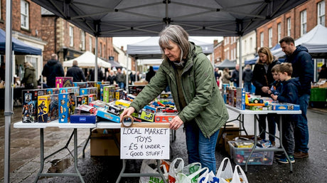 Vendor arranging toys at open-air UK market