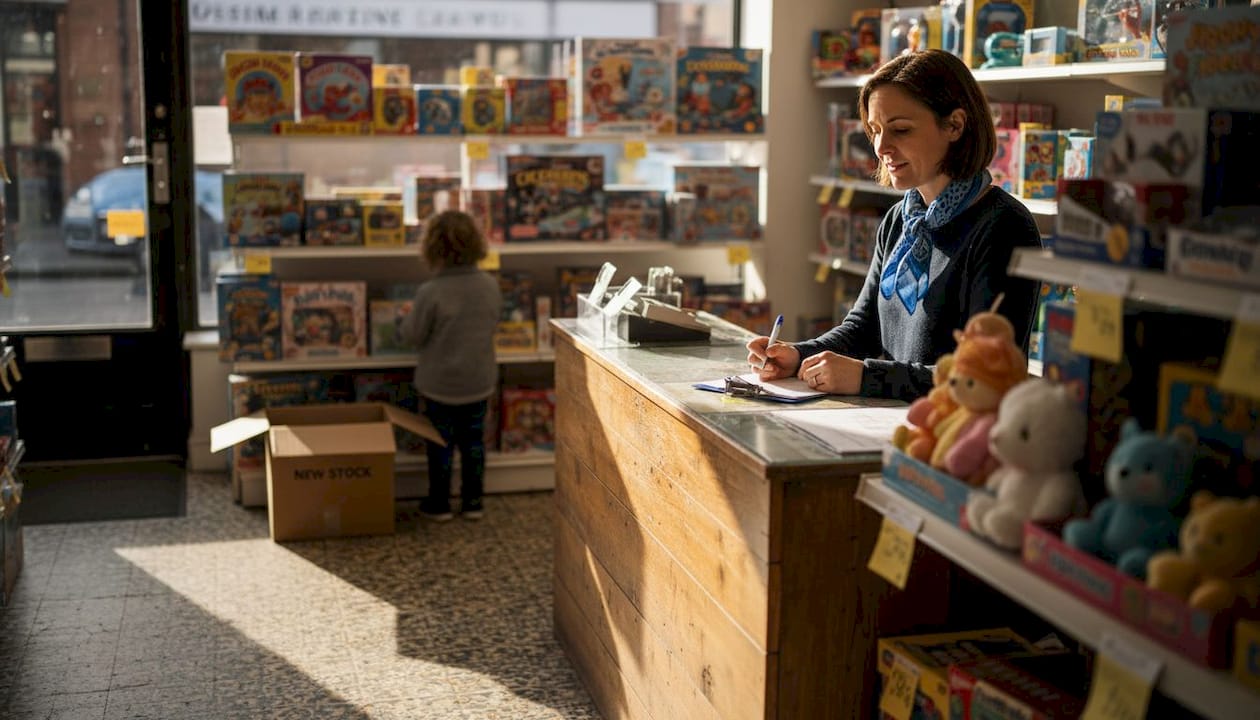 UK toy shop owner reviewing stock behind counter