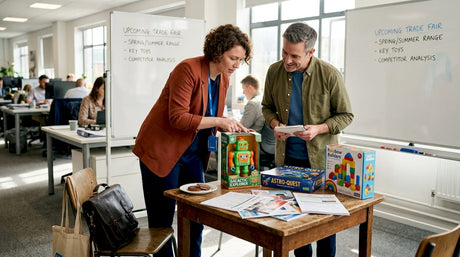 Retail buyers discussing toy samples at office table