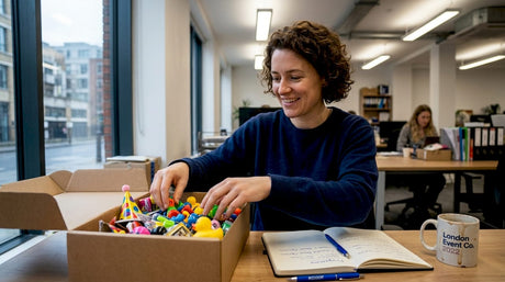 Event planner sorting colourful novelty items