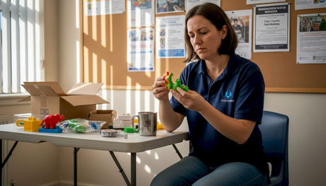 Woman examines novelty toys for safety