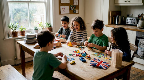 Children opening party toys at home table