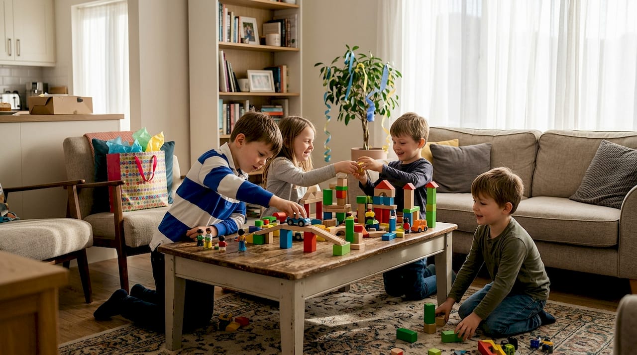 Children playing with toys at birthday party