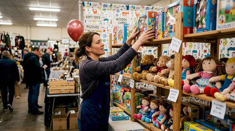 Market seller arranging toys on tiered shelves