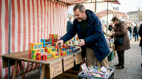 Trader arranging toys at market stall