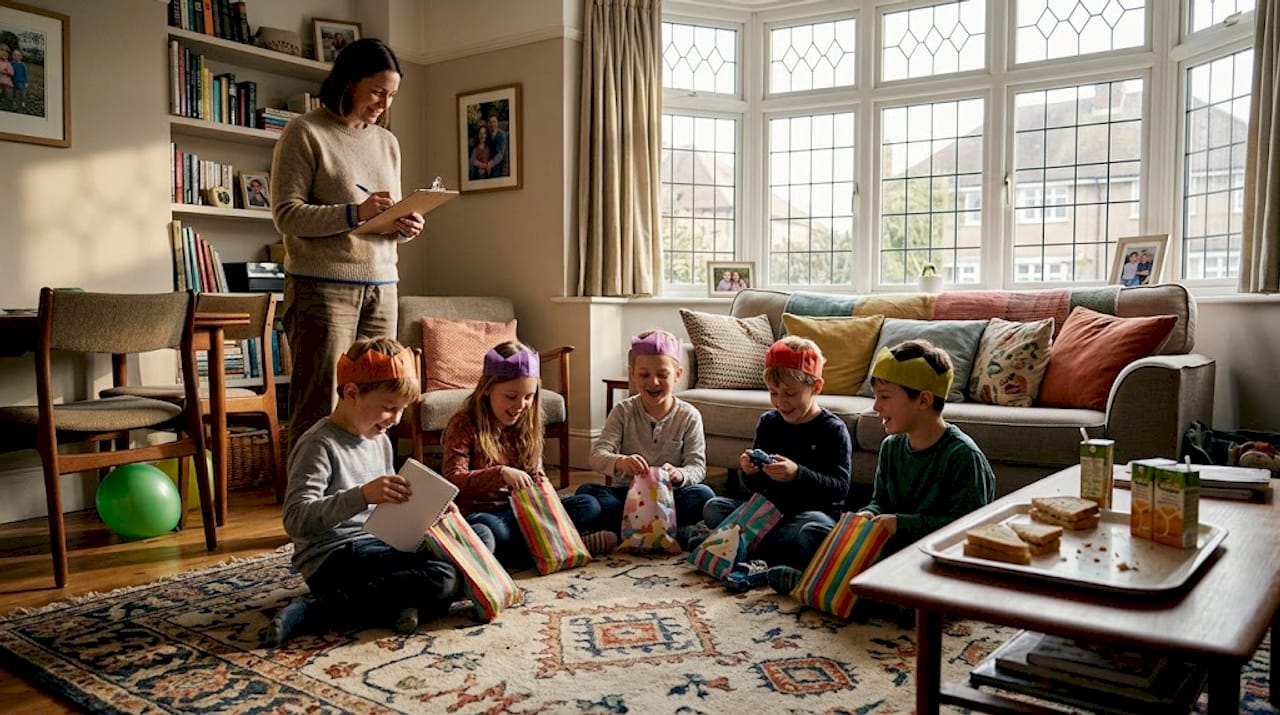 Children unpacking toy party bags in living room