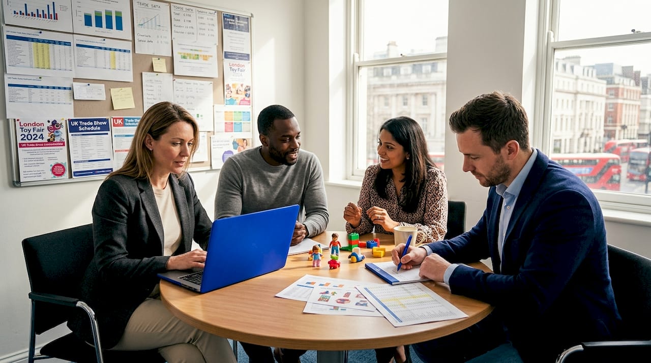 Business owners discussing toy samples