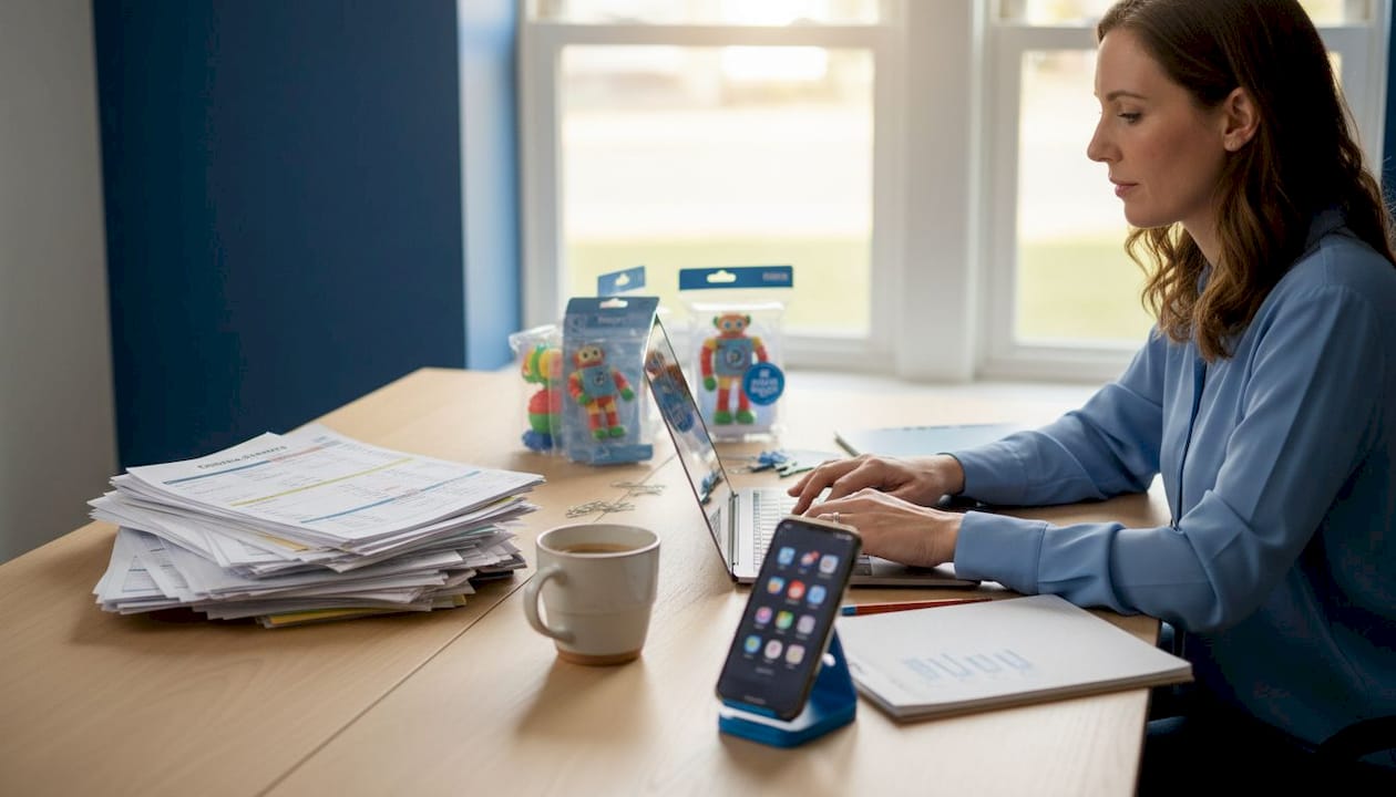 Woman preparing wholesale toy business paperwork