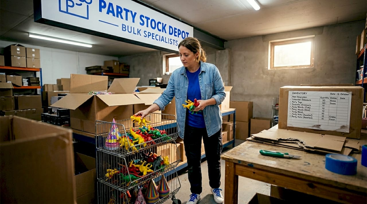 Worker sorting bulk novelty toys in warehouse