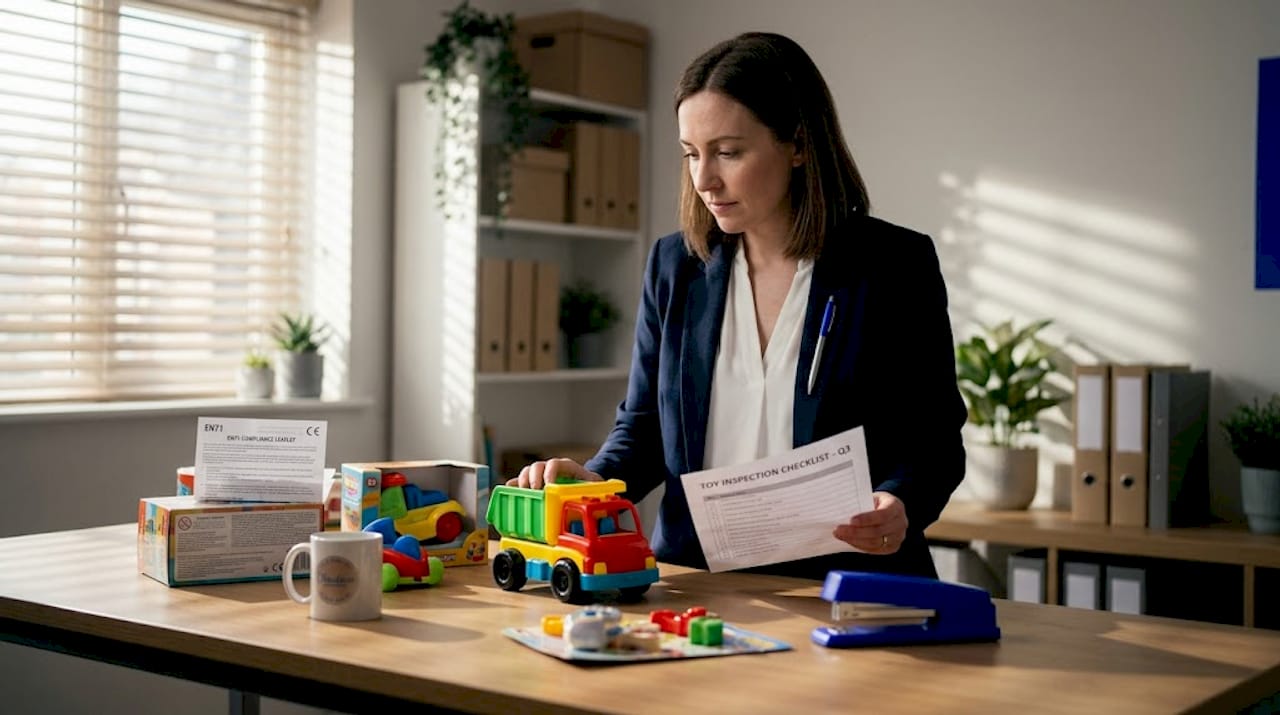 Buyer inspecting toy samples for compliance