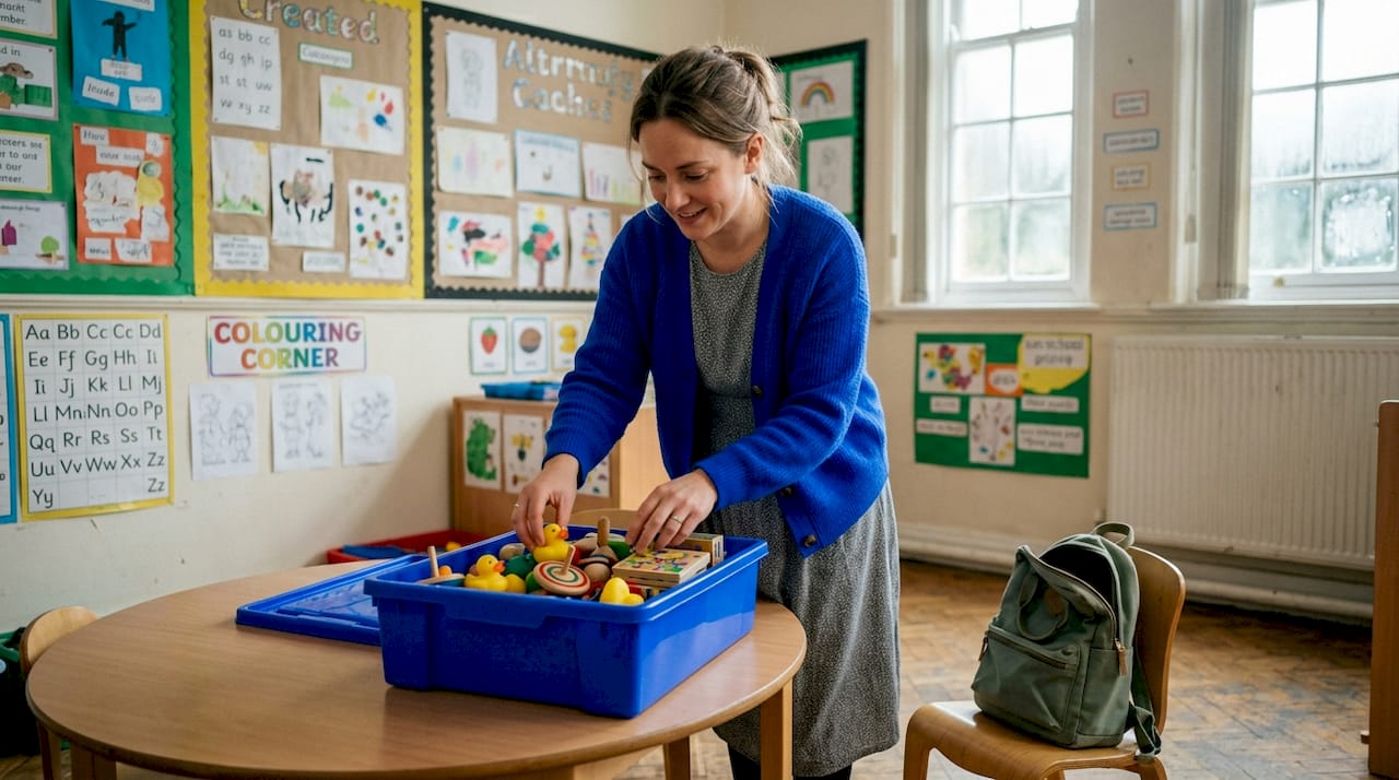 Teacher organizing various small toy prizes on table