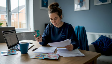 Business owner reviewing novelty toy safety paperwork