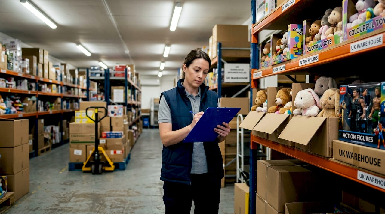 Toy supplier checking inventory in warehouse